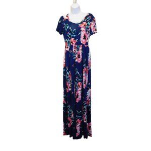 Women's VIISHOW Long Short Sleeve Dress With Pockets Navy Blue Floral Sz. M